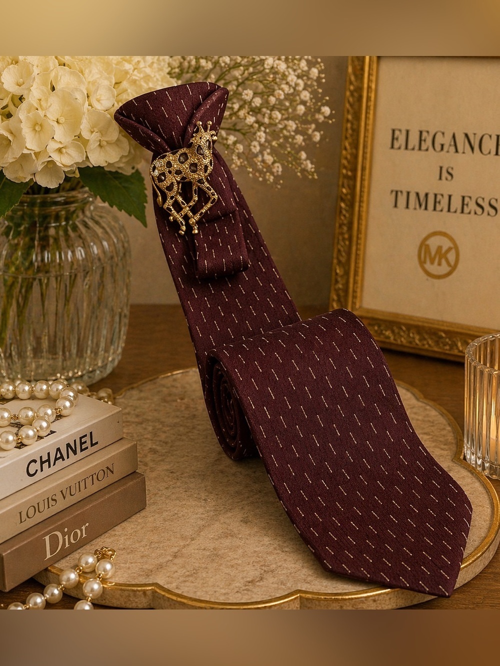Necktie with Gold tone Giraffe Brooch